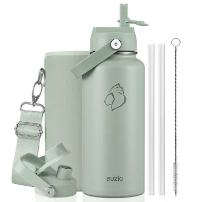 Buzio Duet Series Water Bottle with 2 Lids and Sleeve 1L - Green